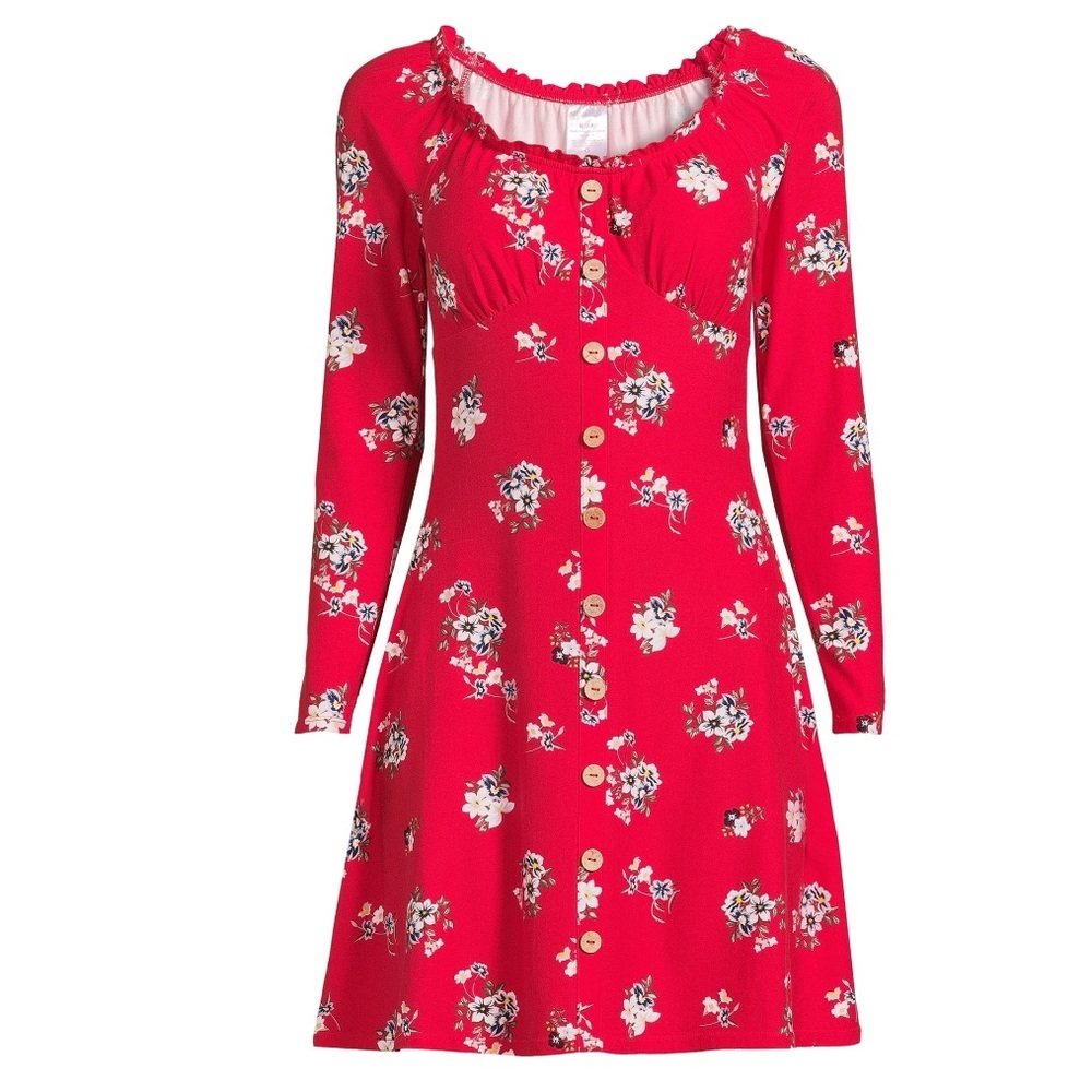 No boundaries | red floral button front long sleeve minidress | sz medium | NWT